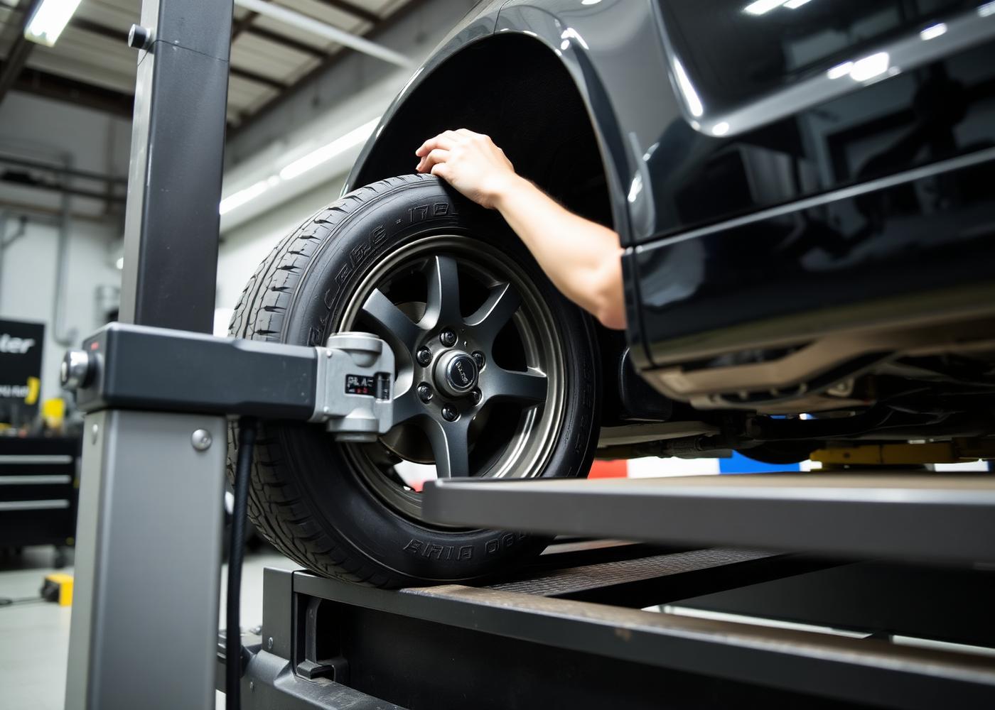 Wheel alignment equipment attached to a vehicle wheel in the service bay